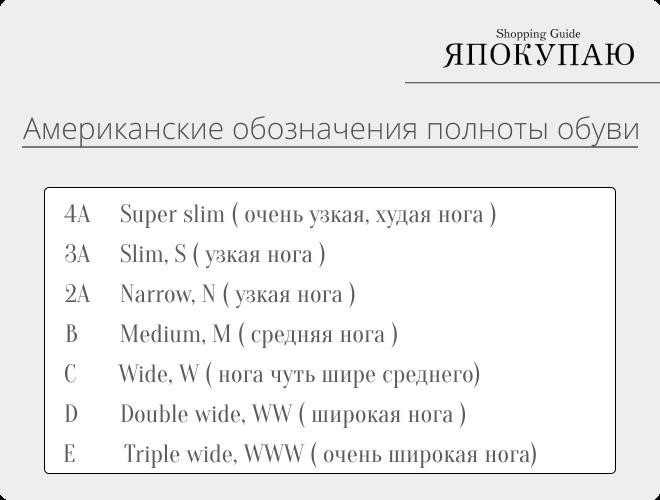 Американские обозначения полноты обуви для женщин фото